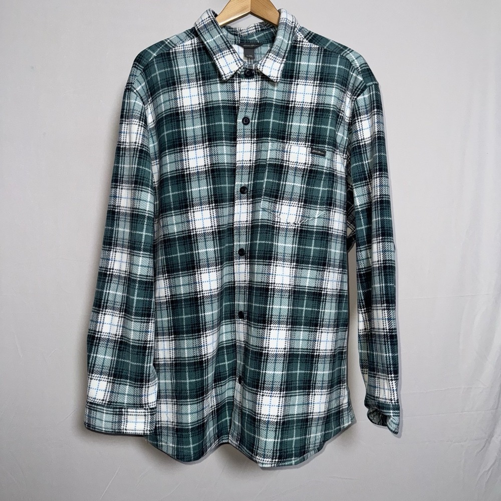 Eddie Bauer Men's 2XL Fleece Plaid Button-Up Shirt Green Blue White Black